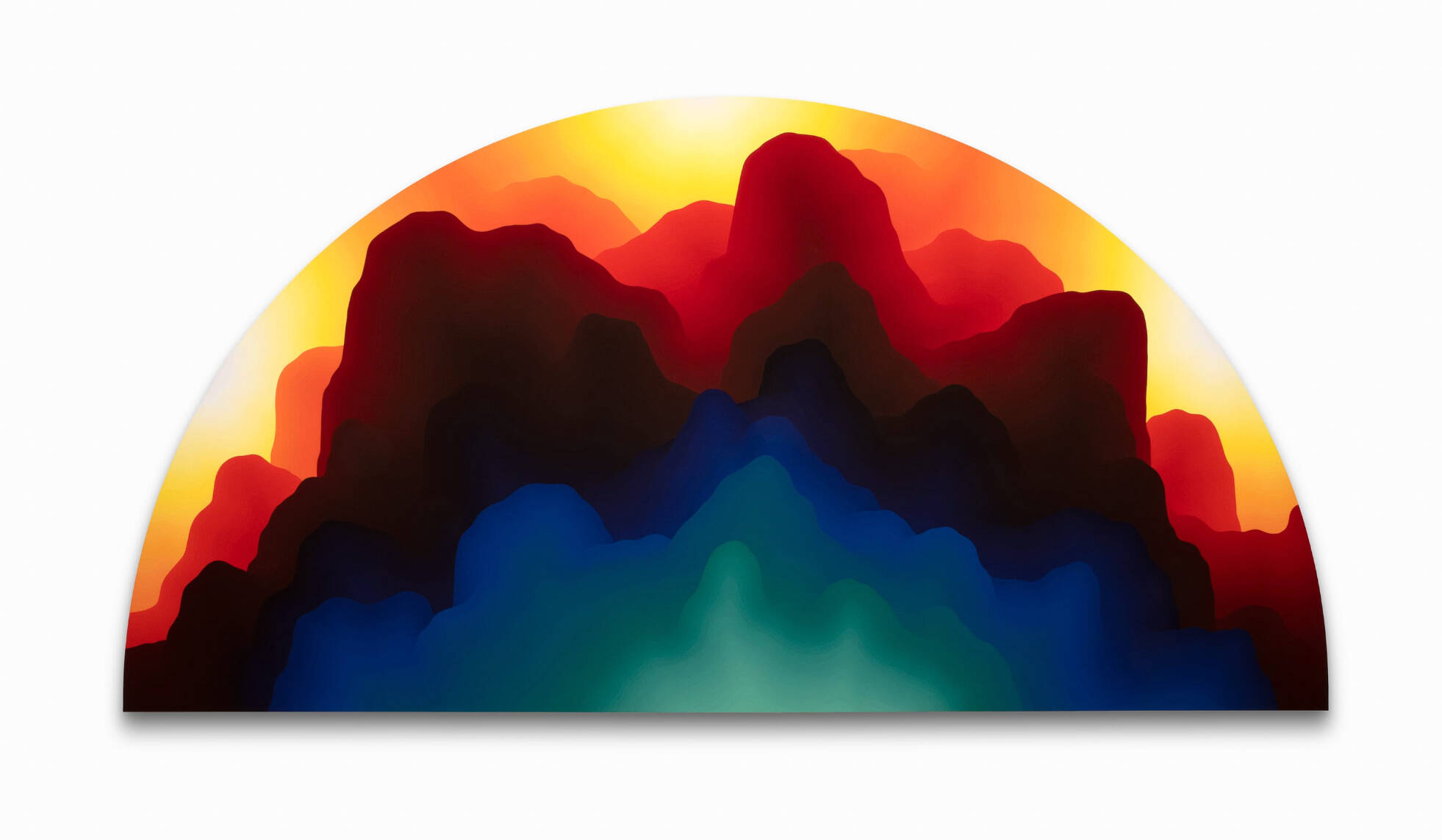 Half-circle shaped painting with a bright rainbow of abstract color field area.